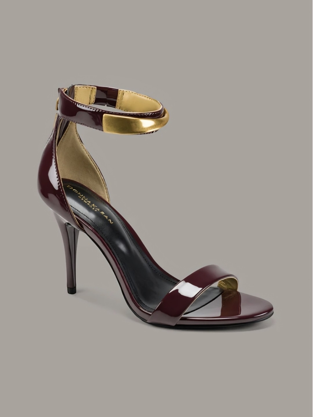 Donna Karan Patent Ankle-Strap Sandals with Gold Trim